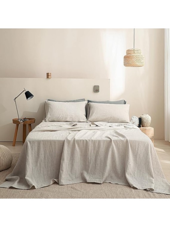 100% Linen Sheet Set 4pcs Basic Style, Deep Pocket, Natural French Washed Flax Solid Color Soft Breathable Bed Sheets - Linen, Queen
