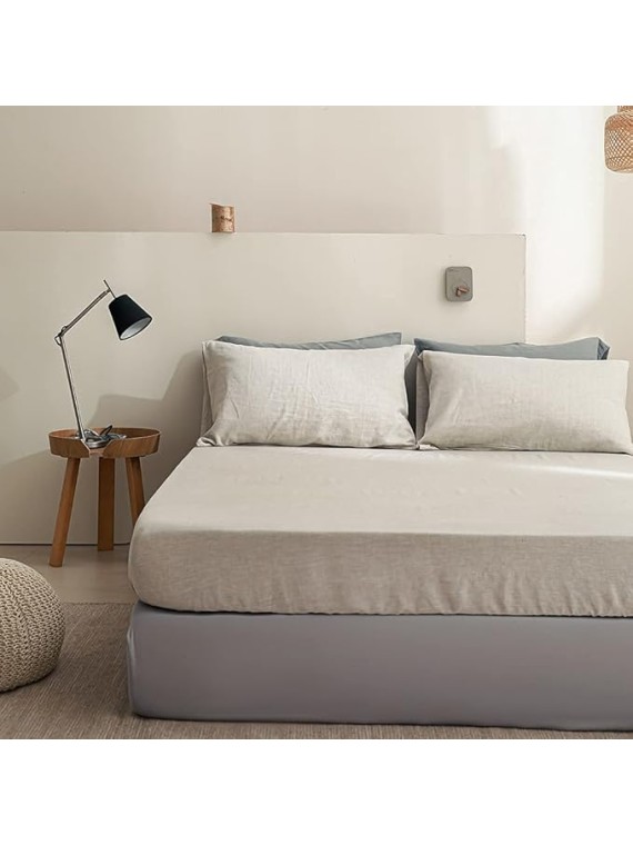 100% Linen Sheet Set 4pcs Basic Style, Deep Pocket, Natural French Washed Flax Solid Color Soft Breathable Bed Sheets - Linen, Queen