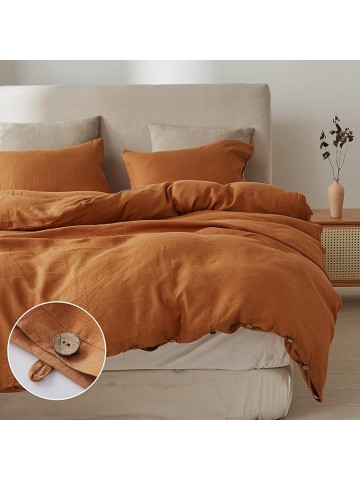100% Linen Duvet Cover Set, 3 Pieces Belgian Flax Breathable Bedding, 1 Comforter Cover+2 Pillowshams with Coconut Button Closure(King,Rust)