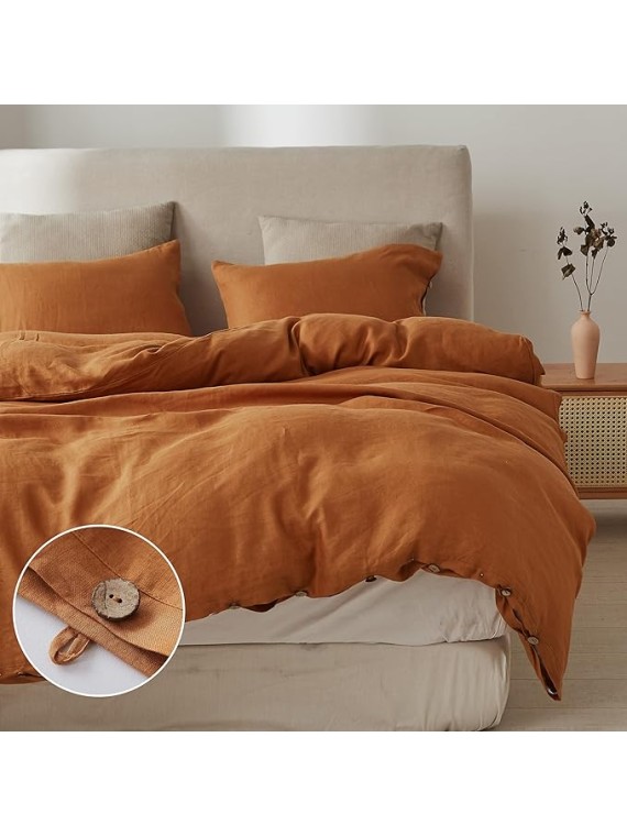 100% Linen Duvet Cover Set, 3 Pieces Belgian Flax Breathable Bedding, 1 Comforter Cover+2 Pillowshams with Coconut Button Closure(King,Rust)