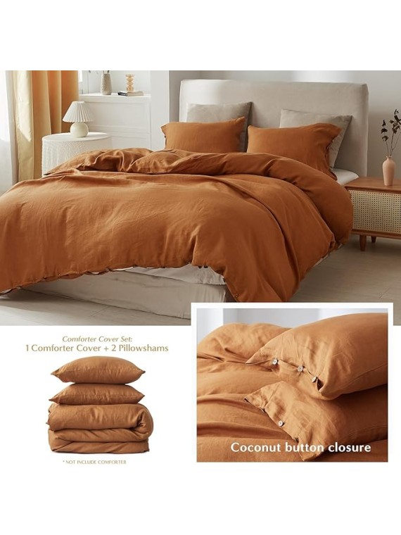 100% Linen Duvet Cover Set, 3 Pieces Belgian Flax Breathable Bedding, 1 Comforter Cover+2 Pillowshams with Coconut Button Closure(King,Rust)
