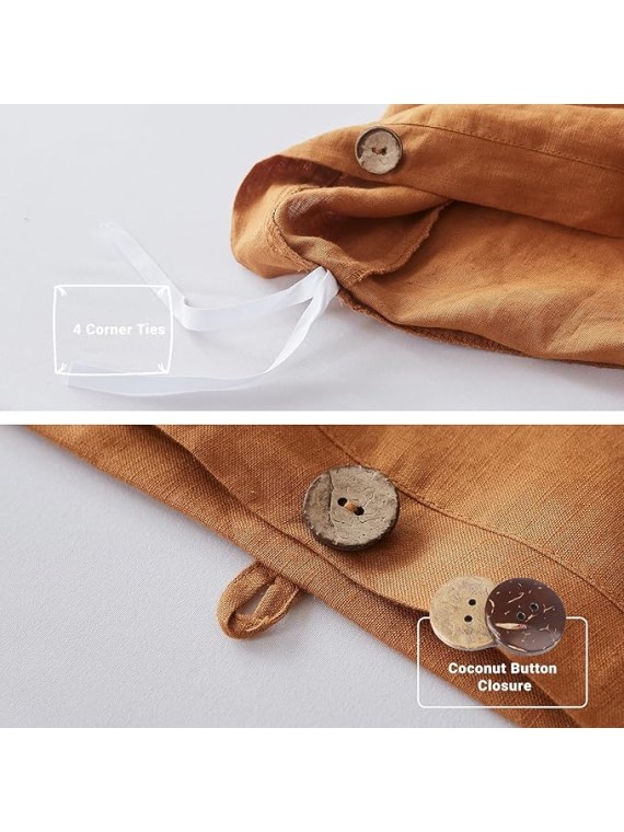 100% Linen Duvet Cover Set, 3 Pieces Belgian Flax Breathable Bedding, 1 Comforter Cover+2 Pillowshams with Coconut Button Closure(King,Rust)