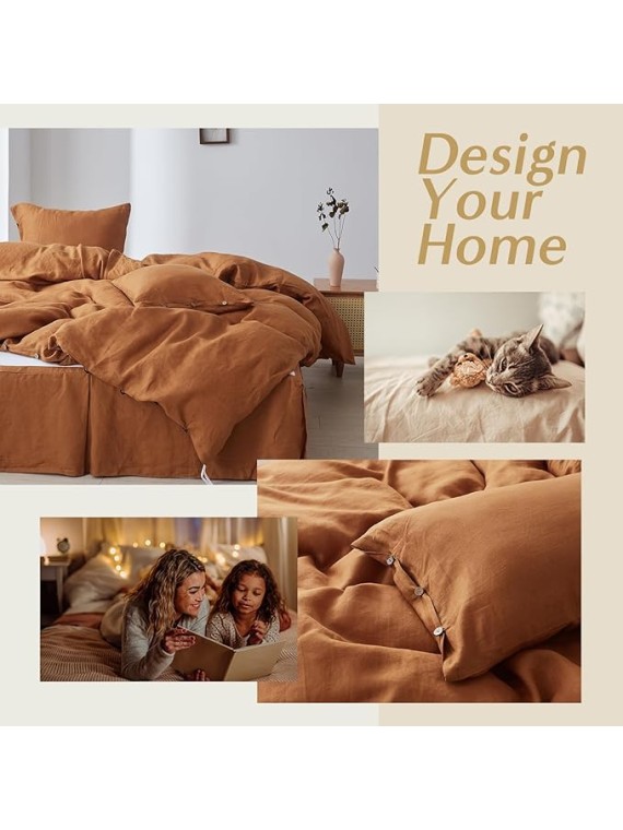 100% Linen Duvet Cover Set, 3 Pieces Belgian Flax Breathable Bedding, 1 Comforter Cover+2 Pillowshams with Coconut Button Closure(King,Rust)
