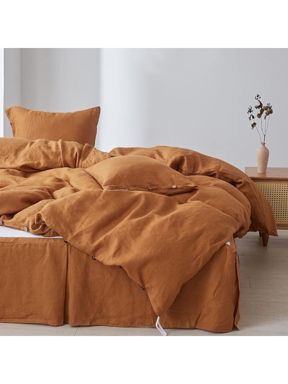 100% Linen Duvet Cover Set, 3 Pieces Belgian Flax Breathable Bedding, 1 Comforter Cover+2 Pillowshams with Coconut Button Closure(King,Rust)