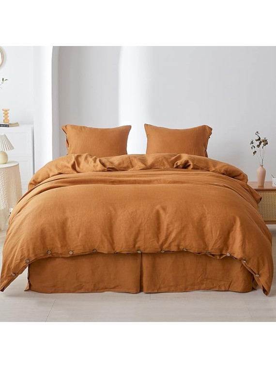 100% Linen Duvet Cover Set, 3 Pieces Belgian Flax Breathable Bedding, 1 Comforter Cover+2 Pillowshams with Coconut Button Closure(King,Rust)