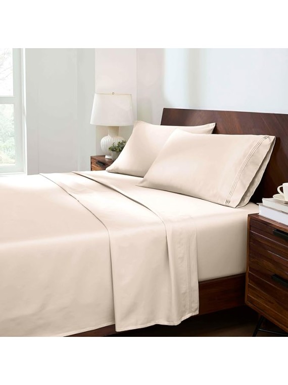 100% Egyptian Cotton Sheets, Luxury 1500 Thread Count Bed Set, Sateen Weave, Soft Long Staple Cotton, 1 Elastic Deep Pocket Fitted Sheet, 2 Pillowcases, 1 Flat Sheet, Queen Size, Ivory