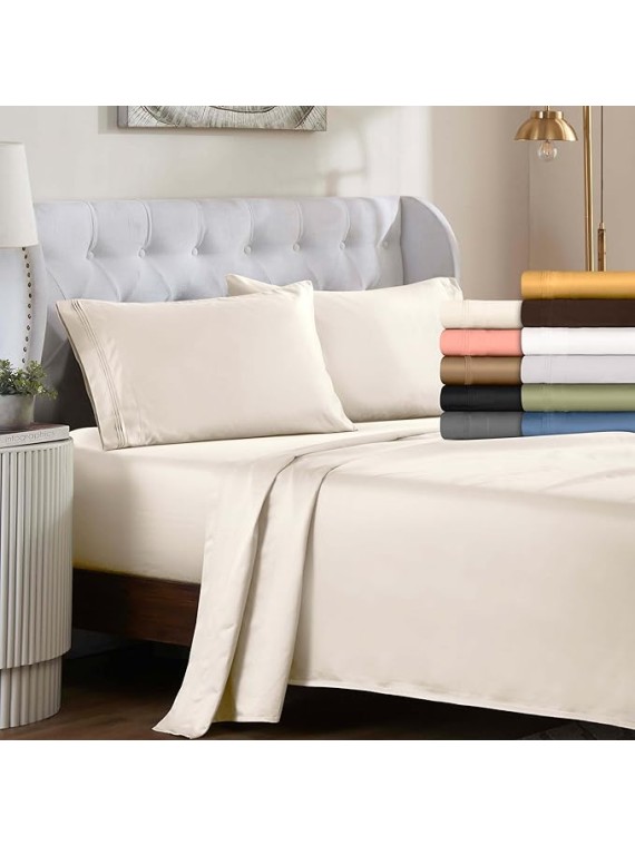 100% Egyptian Cotton Sheets, Luxury 1500 Thread Count Bed Set, Sateen Weave, Soft Long Staple Cotton, 1 Elastic Deep Pocket Fitted Sheet, 2 Pillowcases, 1 Flat Sheet, Queen Size, Ivory