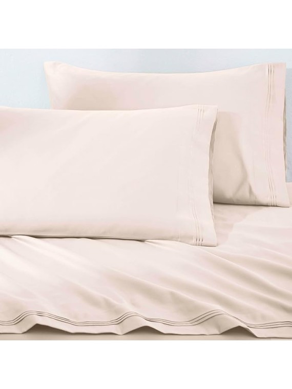 100% Egyptian Cotton Sheets, Luxury 1500 Thread Count Bed Set, Sateen Weave, Soft Long Staple Cotton, 1 Elastic Deep Pocket Fitted Sheet, 2 Pillowcases, 1 Flat Sheet, Queen Size, Ivory