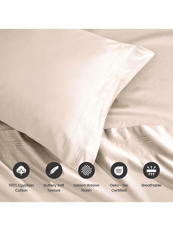 100% Egyptian Cotton Sheets, Luxury 1500 Thread Count Bed Set, Sateen Weave, Soft Long Staple Cotton, 1 Elastic Deep Pocket Fitted Sheet, 2 Pillowcases, 1 Flat Sheet, Queen Size, Ivory