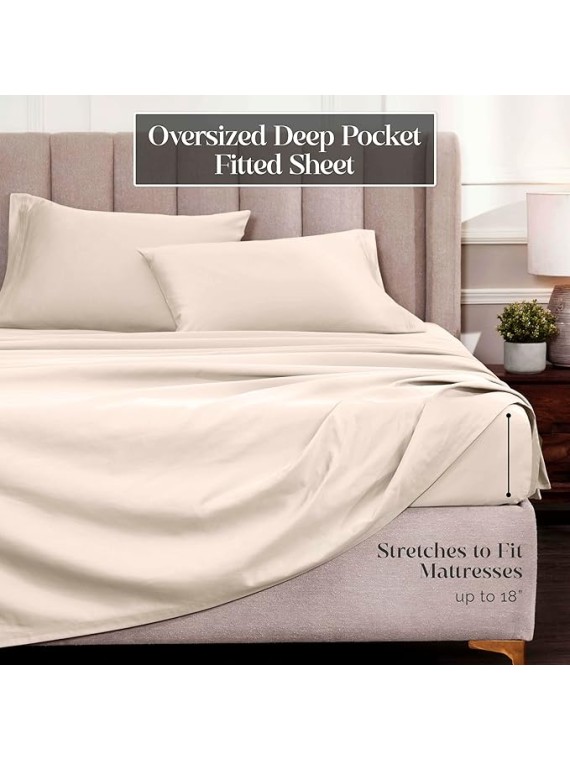 100% Egyptian Cotton Sheets, Luxury 1500 Thread Count Bed Set, Sateen Weave, Soft Long Staple Cotton, 1 Elastic Deep Pocket Fitted Sheet, 2 Pillowcases, 1 Flat Sheet, Queen Size, Ivory