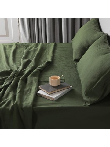 Green Linen Queen Sheets - 100% Organic Linen, Breathable and Cooling for Hot Sleepers - Queen Set (1 Flat, 1 Fitted, 2 Pillowcases)