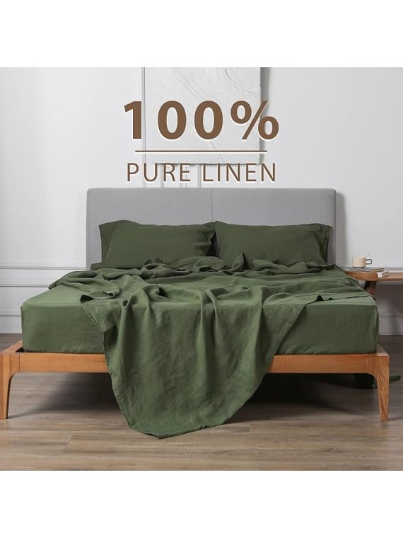 Green Linen Queen Sheets - 100% Organic Linen, Breathable and Cooling for Hot Sleepers - Queen Set (1 Flat, 1 Fitted, 2 Pillowcases)