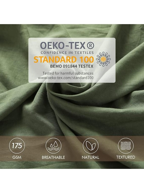 Green Linen Queen Sheets - 100% Organic Linen, Breathable and Cooling for Hot Sleepers - Queen Set (1 Flat, 1 Fitted, 2 Pillowcases)