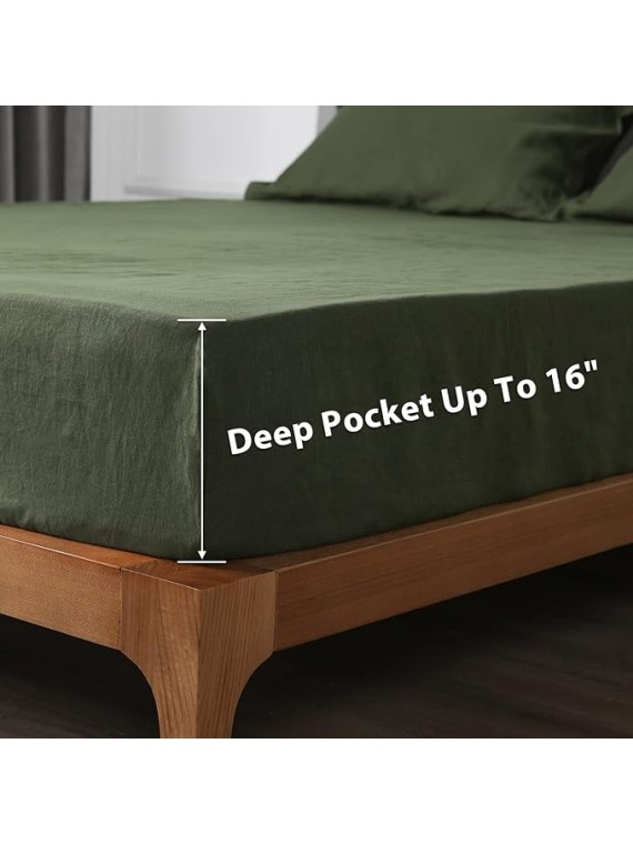Green Linen Queen Sheets - 100% Organic Linen, Breathable and Cooling for Hot Sleepers - Queen Set (1 Flat, 1 Fitted, 2 Pillowcases)
