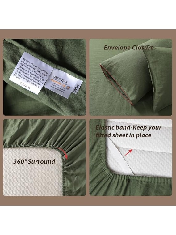 Green Linen Queen Sheets - 100% Organic Linen, Breathable and Cooling for Hot Sleepers - Queen Set (1 Flat, 1 Fitted, 2 Pillowcases)