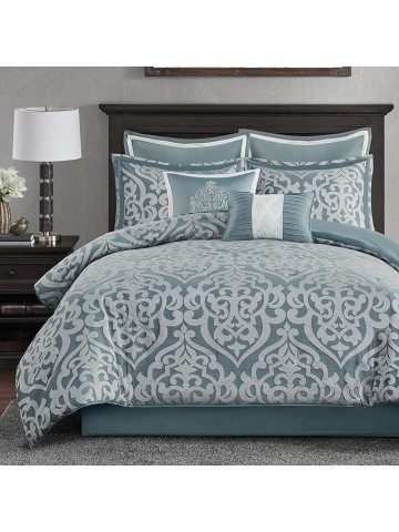 Odette Cozy Comforter Set Jacquard Damask Medallion Design - Modern All Season, Down Alternative Bedding, Shams, Decorative Pillows, Cal King(104 in x 92 in), Aqua