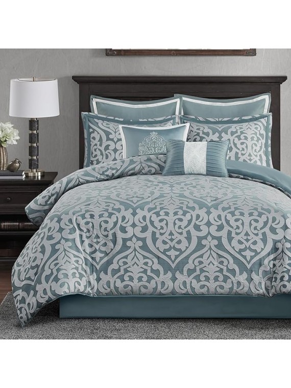 Odette Cozy Comforter Set Jacquard Damask Medallion Design - Modern All Season, Down Alternative Bedding, Shams, Decorative Pillows, Cal King(104 in x 92 in), Aqua