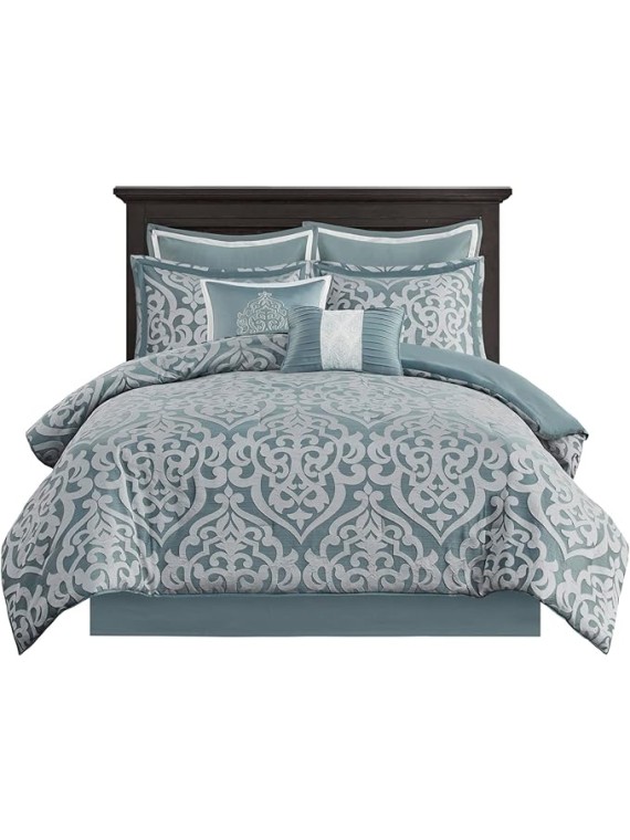 Odette Cozy Comforter Set Jacquard Damask Medallion Design - Modern All Season, Down Alternative Bedding, Shams, Decorative Pillows, Cal King(104 in x 92 in), Aqua