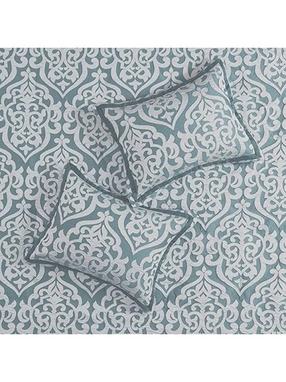 Odette Cozy Comforter Set Jacquard Damask Medallion Design - Modern All Season, Down Alternative Bedding, Shams, Decorative Pillows, Cal King(104 in x 92 in), Aqua