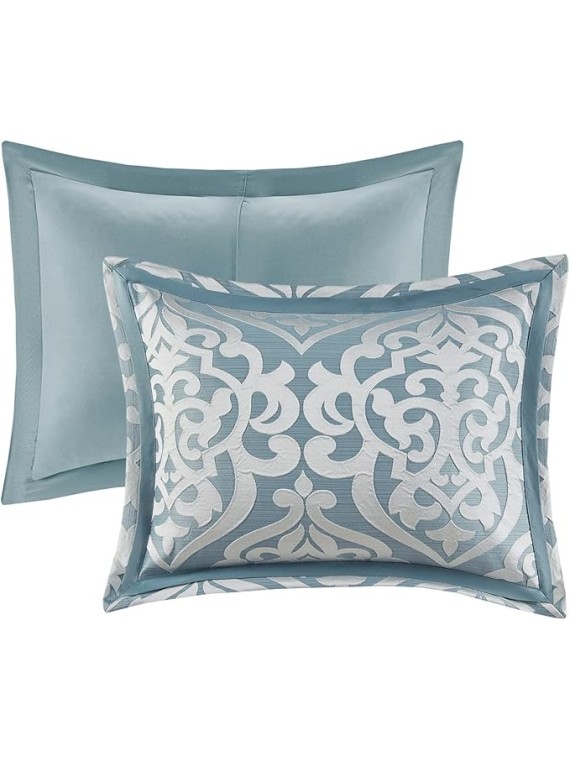Odette Cozy Comforter Set Jacquard Damask Medallion Design - Modern All Season, Down Alternative Bedding, Shams, Decorative Pillows, Cal King(104 in x 92 in), Aqua
