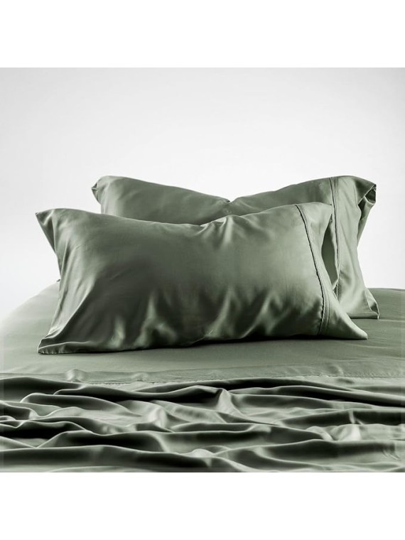 Eucalyptus Cooling Pillowcase and Sheet Sets King Size | 100% Certified Tencel Fiber from Austria | Better Than Silk Linen Bamboo and Cotton | Deep Pocket Bedding | Moss