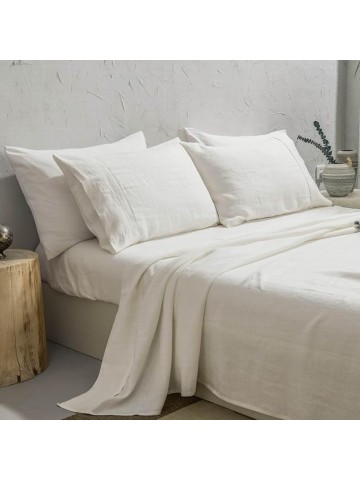 100% Washed French Linen Sheet Set-Queen Size-Ivory Linen-4 Pieces (1 Flat Sheet, 1 Fitted Sheet & 2 Pillowcases), 16" Deep Pocket, Breathable,Ultra Soft and Durable