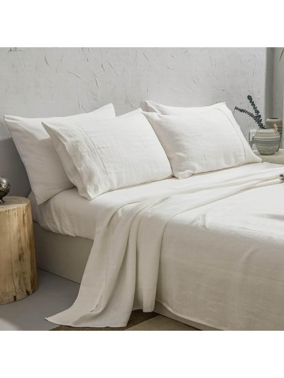 100% Washed French Linen Sheet Set-Queen Size-Ivory Linen-4 Pieces (1 Flat Sheet, 1 Fitted Sheet & 2 Pillowcases), 16" Deep Pocket, Breathable,Ultra Soft and Durable