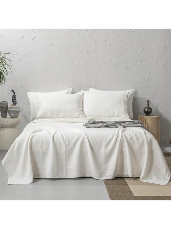 100% Washed French Linen Sheet Set-Queen Size-Ivory Linen-4 Pieces (1 Flat Sheet, 1 Fitted Sheet & 2 Pillowcases), 16" Deep Pocket, Breathable,Ultra Soft and Durable