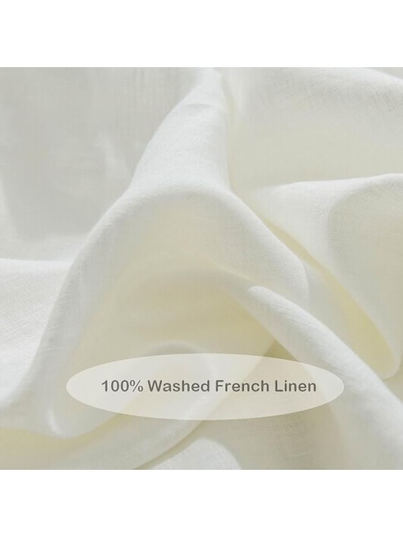 100% Washed French Linen Sheet Set-Queen Size-Ivory Linen-4 Pieces (1 Flat Sheet, 1 Fitted Sheet & 2 Pillowcases), 16" Deep Pocket, Breathable,Ultra Soft and Durable