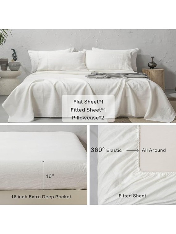100% Washed French Linen Sheet Set-Queen Size-Ivory Linen-4 Pieces (1 Flat Sheet, 1 Fitted Sheet & 2 Pillowcases), 16" Deep Pocket, Breathable,Ultra Soft and Durable