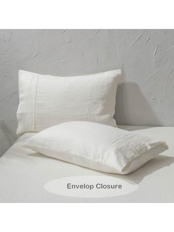 100% Washed French Linen Sheet Set-Queen Size-Ivory Linen-4 Pieces (1 Flat Sheet, 1 Fitted Sheet & 2 Pillowcases), 16" Deep Pocket, Breathable,Ultra Soft and Durable
