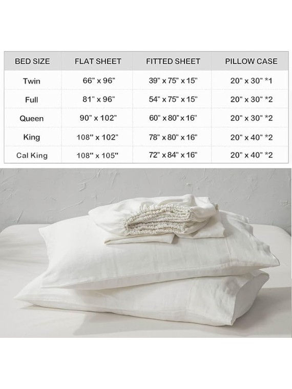 100% Washed French Linen Sheet Set-Queen Size-Ivory Linen-4 Pieces (1 Flat Sheet, 1 Fitted Sheet & 2 Pillowcases), 16" Deep Pocket, Breathable,Ultra Soft and Durable