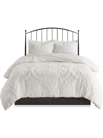3pc Tufted Damask Chenille Design Cotton Comforter Lightweight with Matching Shams All Season Bedding Set, King/Cal King(104"X92"), Off White