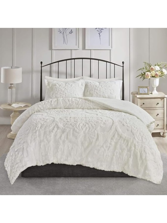 3pc Tufted Damask Chenille Design Cotton Comforter Lightweight with Matching Shams All Season Bedding Set, King/Cal King(104"X92"), Off White