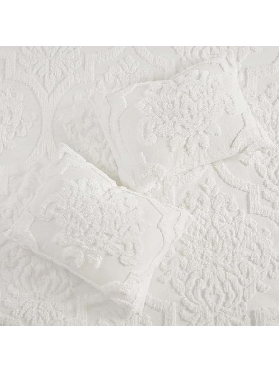 3pc Tufted Damask Chenille Design Cotton Comforter Lightweight with Matching Shams All Season Bedding Set, King/Cal King(104"X92"), Off White