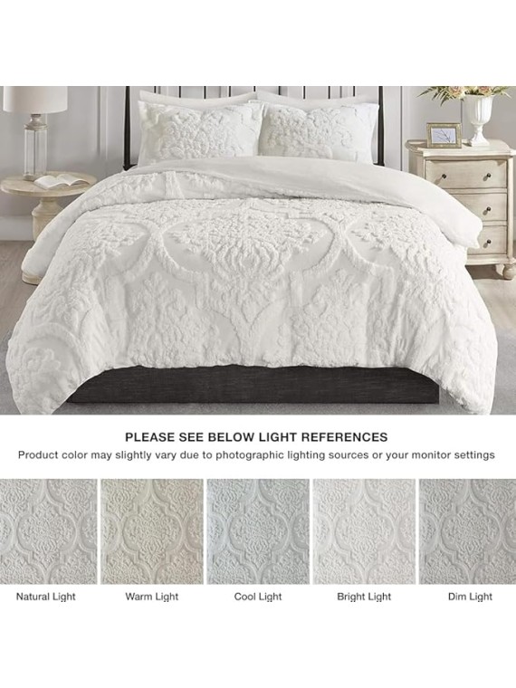 3pc Tufted Damask Chenille Design Cotton Comforter Lightweight with Matching Shams All Season Bedding Set, King/Cal King(104"X92"), Off White