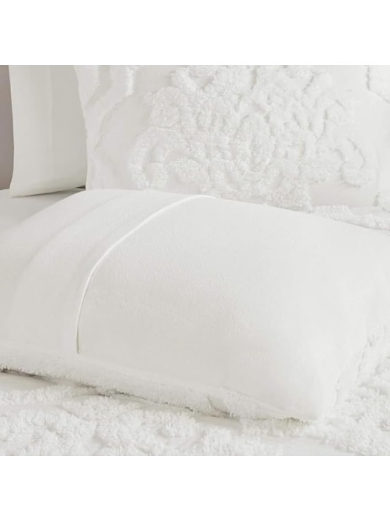 3pc Tufted Damask Chenille Design Cotton Comforter Lightweight with Matching Shams All Season Bedding Set, King/Cal King(104"X92"), Off White
