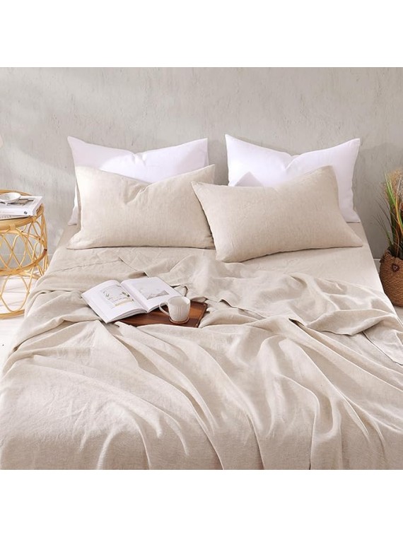 Linen Sheets King Size, 100% Organic French Linen Bed Sheets, 4Pcs Soft Breathable and Durable for All Season Bedding Sheets Set, Linen