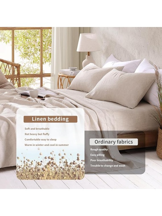 Linen Sheets King Size, 100% Organic French Linen Bed Sheets, 4Pcs Soft Breathable and Durable for All Season Bedding Sheets Set, Linen
