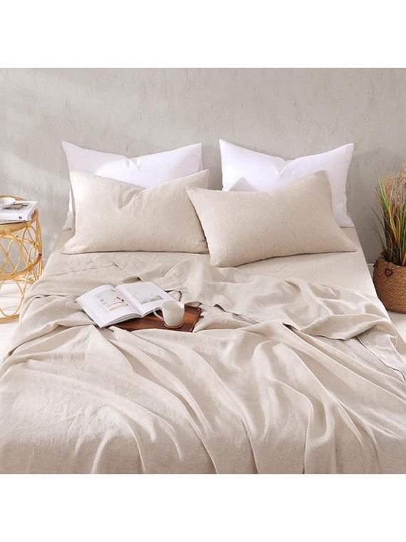 Linen Sheets King Size, 100% Organic French Linen Bed Sheets, 4Pcs Soft Breathable and Durable for All Season Bedding Sheets Set, Linen