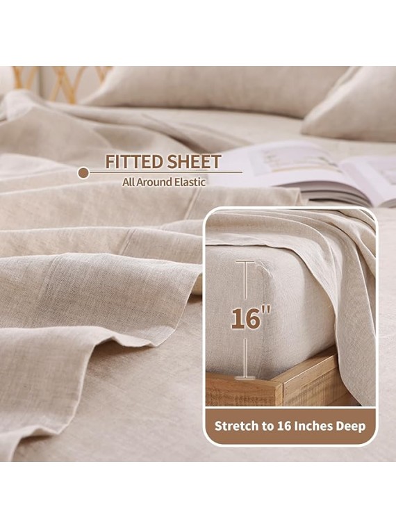 Linen Sheets King Size, 100% Organic French Linen Bed Sheets, 4Pcs Soft Breathable and Durable for All Season Bedding Sheets Set, Linen