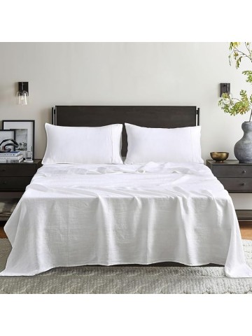 100% Organic Linen Sheets Set King Size,Washed French Flax 4Pcs(2 Pillowcases,1 Fitted Sheet,1 Flat Sheet) Breathable Comfortable Bedding Set,White