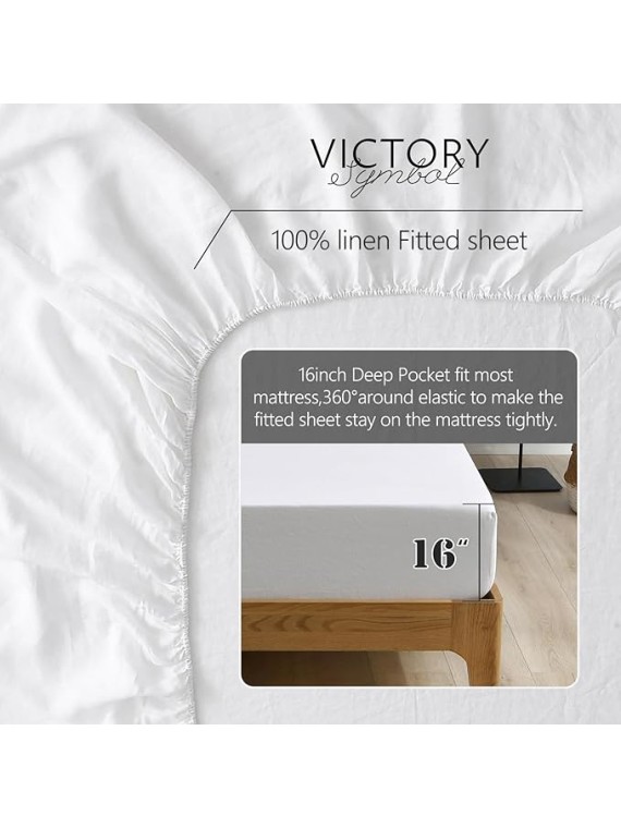 100% Organic Linen Sheets Set King Size,Washed French Flax 4Pcs(2 Pillowcases,1 Fitted Sheet,1 Flat Sheet) Breathable Comfortable Bedding Set,White