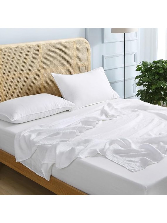 100% Organic Linen Sheets Set King Size,Washed French Flax 4Pcs(2 Pillowcases,1 Fitted Sheet,1 Flat Sheet) Breathable Comfortable Bedding Set,White
