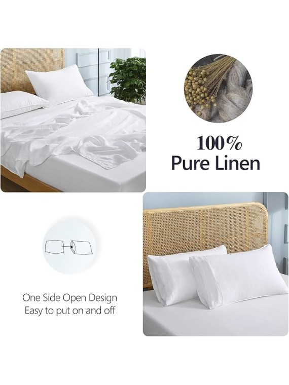 100% Organic Linen Sheets Set King Size,Washed French Flax 4Pcs(2 Pillowcases,1 Fitted Sheet,1 Flat Sheet) Breathable Comfortable Bedding Set,White