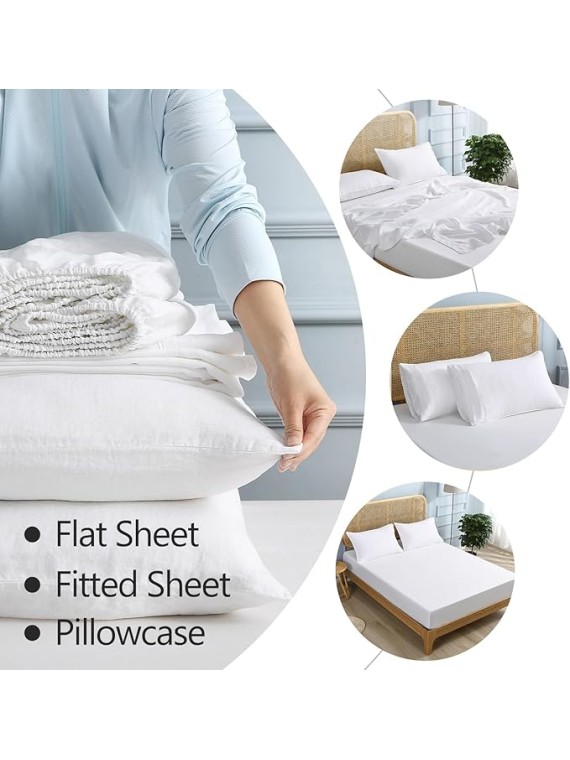 100% Organic Linen Sheets Set King Size,Washed French Flax 4Pcs(2 Pillowcases,1 Fitted Sheet,1 Flat Sheet) Breathable Comfortable Bedding Set,White