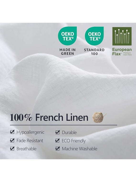 100% Organic Linen Sheets Set King Size,Washed French Flax 4Pcs(2 Pillowcases,1 Fitted Sheet,1 Flat Sheet) Breathable Comfortable Bedding Set,White