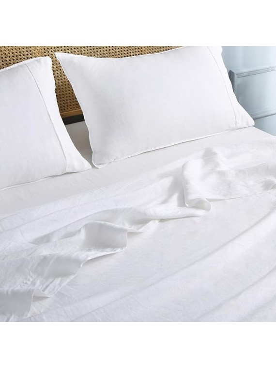100% Organic Linen Sheets Set King Size,Washed French Flax 4Pcs(2 Pillowcases,1 Fitted Sheet,1 Flat Sheet) Breathable Comfortable Bedding Set,White