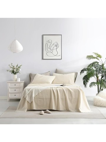 Bedding Linen Sheets Set Bed - 55% Linen 45% Cotton Blend Sheets Queen Size Bedding Farmhouse Boho Style, Soft Comfy Breathable - Deep Pocket Fitted Sheet & Flat Sheet & 2 Pillowcases (Apricot)