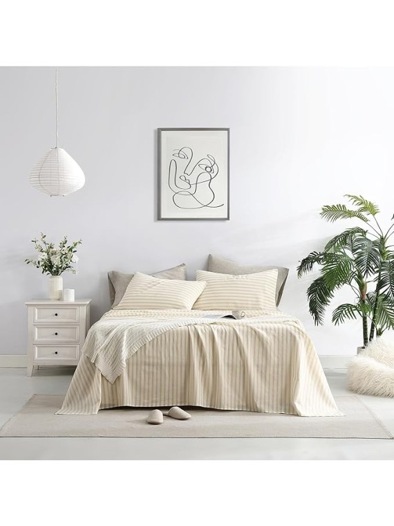 Bedding Linen Sheets Set Bed - 55% Linen 45% Cotton Blend Sheets Queen Size Bedding Farmhouse Boho Style, Soft Comfy Breathable - Deep Pocket Fitted Sheet & Flat Sheet & 2 Pillowcases (Apricot)